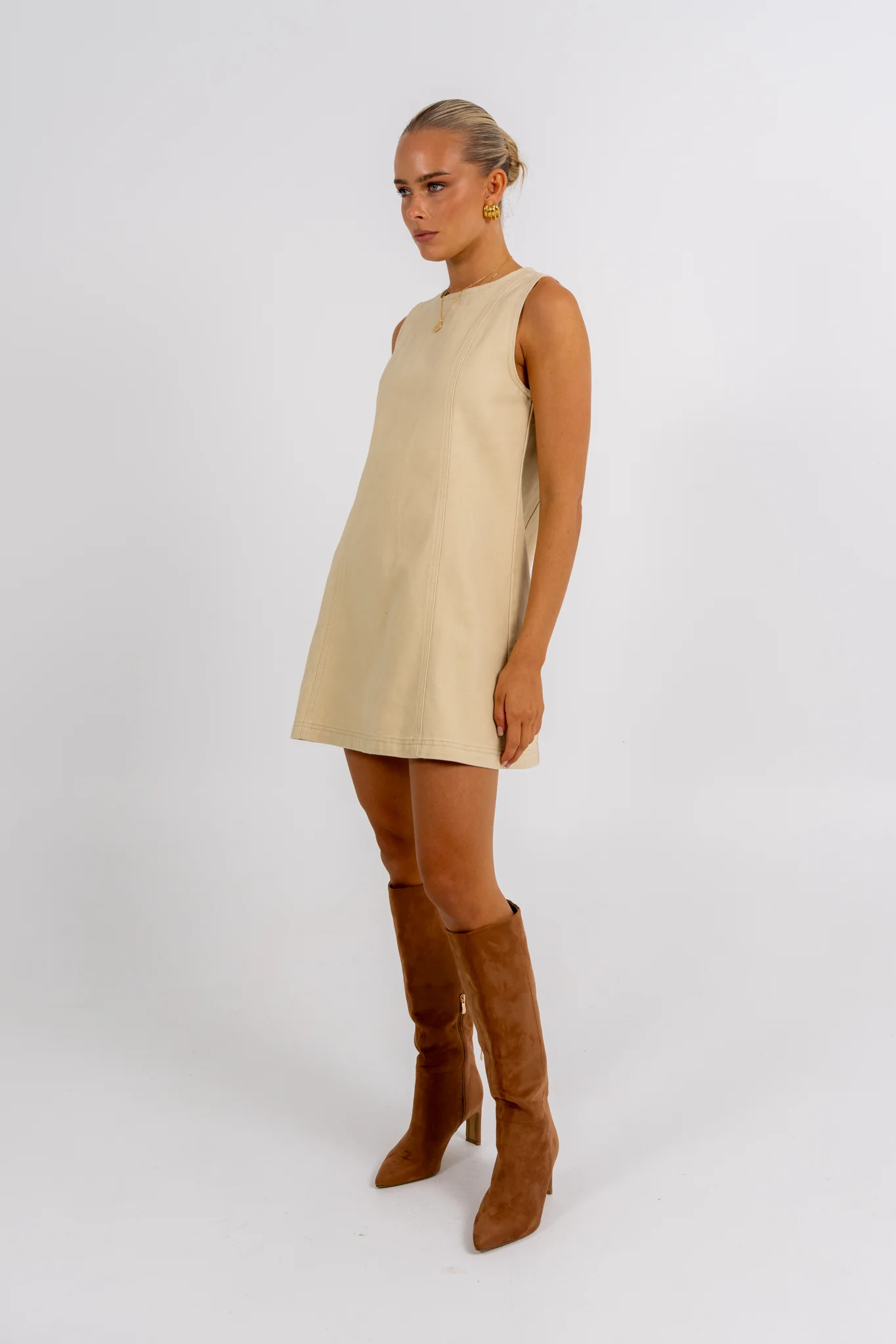 Blaire Mini Denim Dress Sand - Image 4