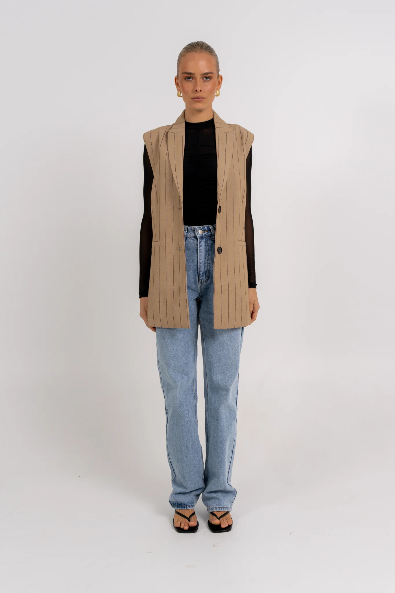 Josie Blazer Vest Beige Pinstripe - Image 13