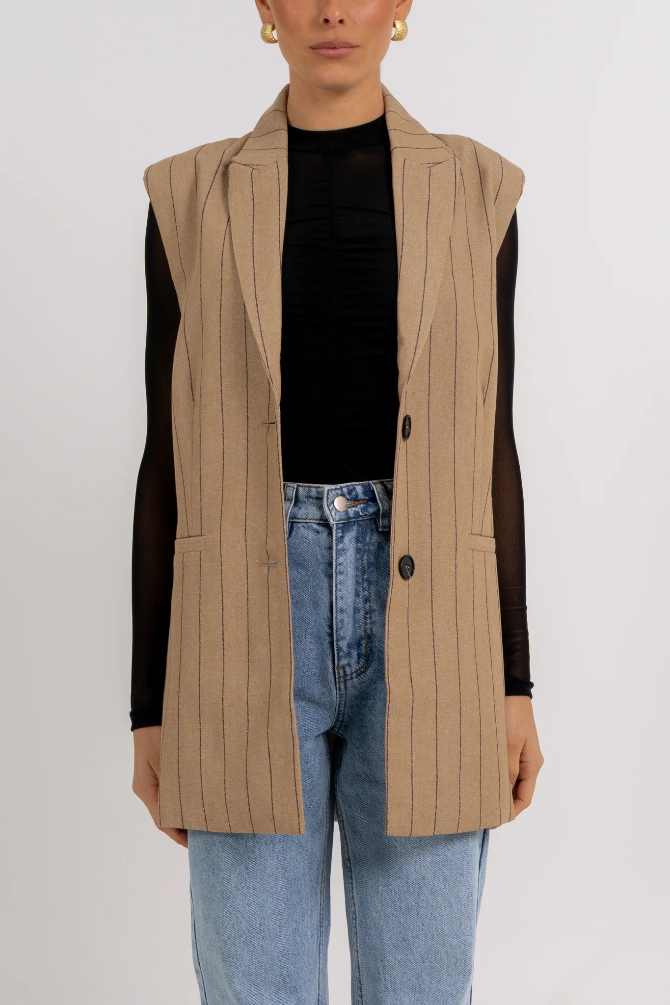 Josie Blazer Vest Beige Pinstripe - Image 3